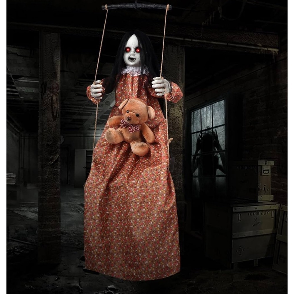 NEW Halloween Decor Creepy Hanging Doll on Swing w/Teddy, Red Eyes, Spooky Noise